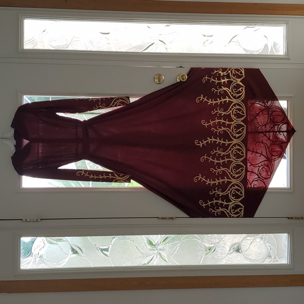 Long sleeve maroon dress with gold embroidery and belt
